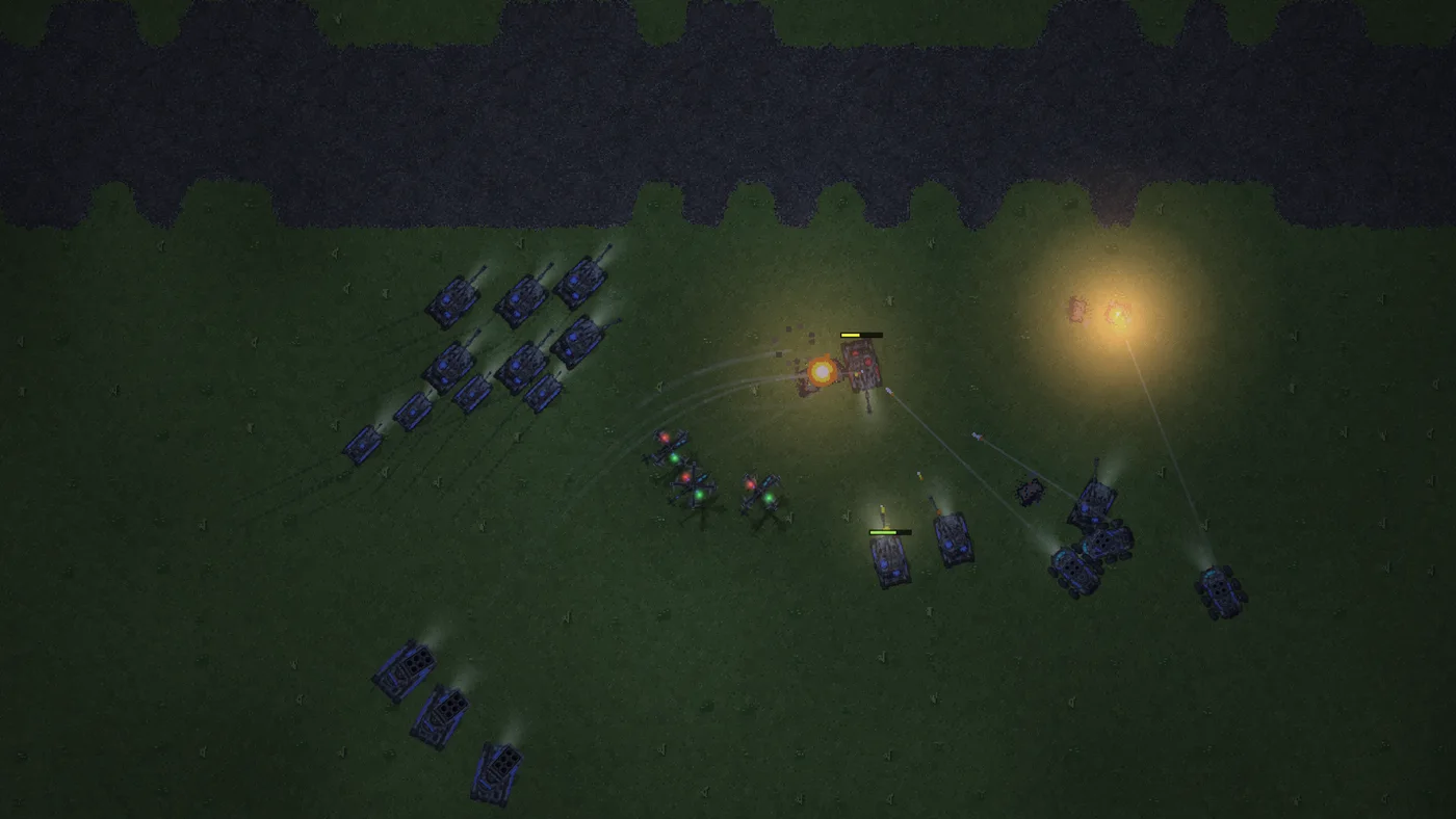 The same advance at midnight: headlight cones ahead of each tank, red and green lights on the helicopters, and two blasts lighting the ground