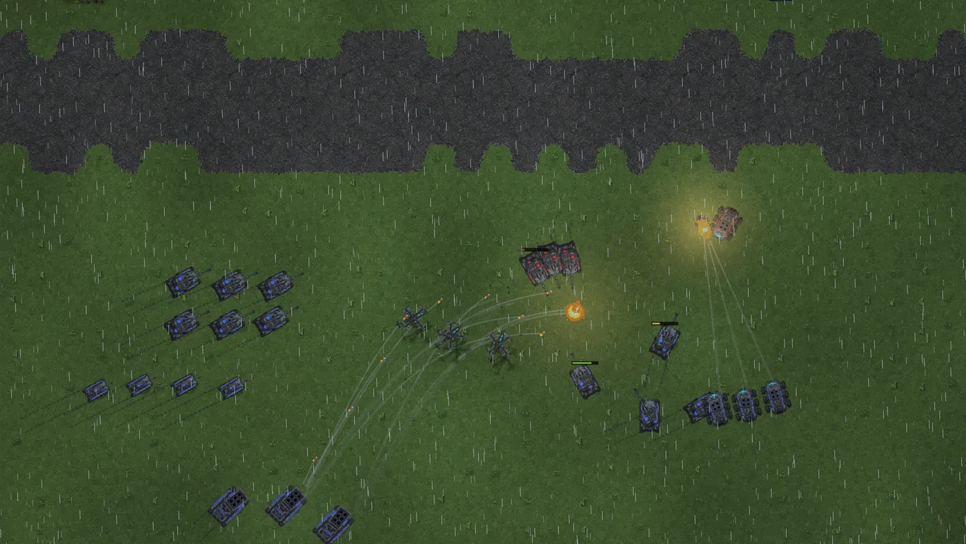 An armoured column advancing under rain, rocket trails arcing into a burning target